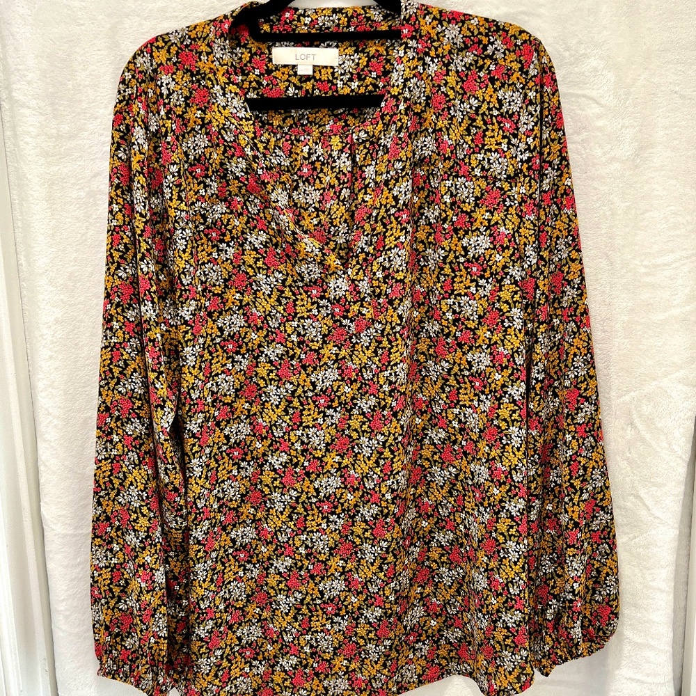 Loft Black Pink Yellow White Long Sleeve Floral Blouse V Neck Elastic Cuff XXL